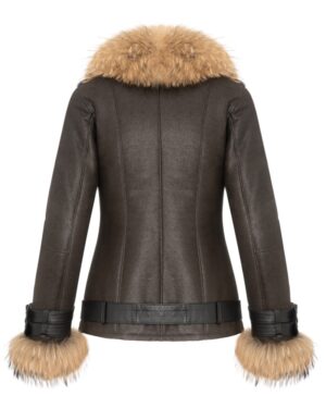 Kożuch damski w kolorze ciemnoszarym z futrzanym kołnierzem i ozdobnymi mankietami