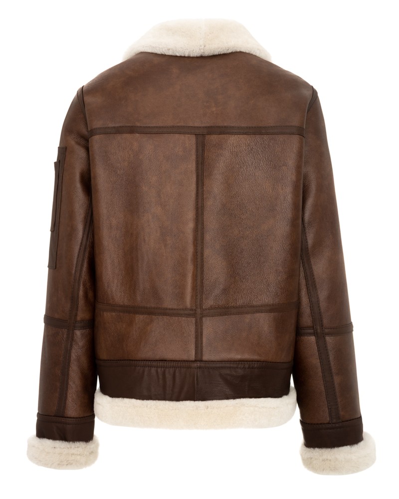 kożuch męski w brązowym kolorze z białym futrzanym kołnierzem i mankietami