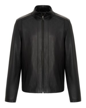 Kurtka skórzana męska w kolorze czarnym, z prostym krojem i zamkiem na przodzie, idealna na zimowe dni