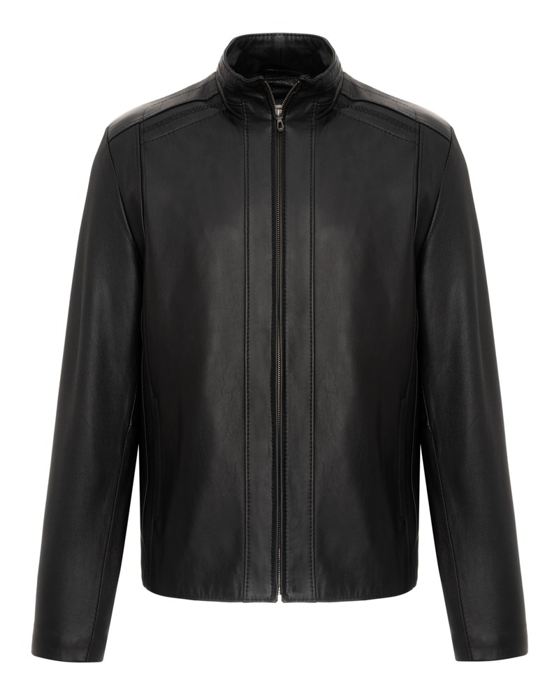 Kurtka skórzana męska w kolorze czarnym, z prostym krojem i zamkiem na przodzie, idealna na zimowe dni