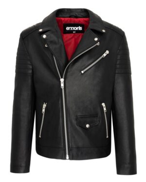 Kurtka skórzana męska w kolorze czarnym z czerwonym wnętrzem, z zamkami i pikowanymi rękawami