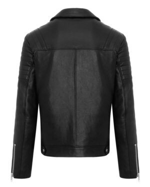 Kurtka skórzana męska w kolorze czarnym z ozdobnymi przeszyciami na ramionach i kieszeniami na zamek