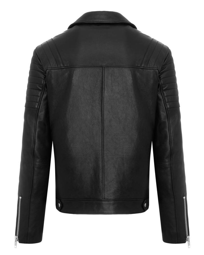Kurtka skórzana męska w kolorze czarnym z ozdobnymi przeszyciami na ramionach i kieszeniami na zamek