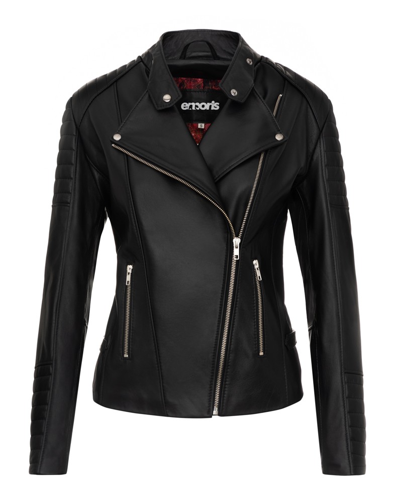 Kurtka skórzana damska w kolorze czarnym z asymetrycznym zapięciem i pikowanymi detalami na rękawach