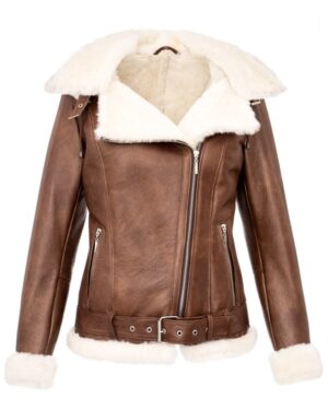 Kożuch damski w brązowym kolorze z futrzanym kołnierzem i paskiem w talii