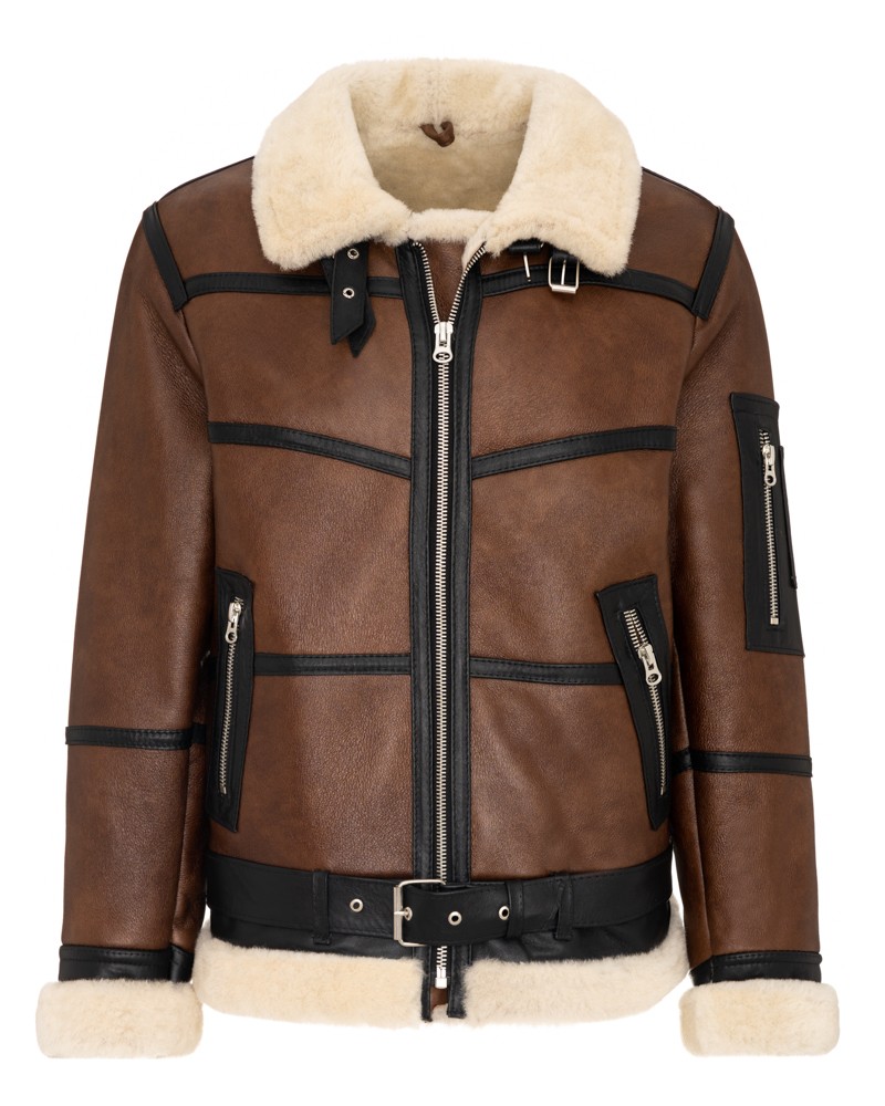 Kożuch męski w brązowym kolorze z futrzanym kołnierzem i czarnymi detalami oraz paskiem w talii