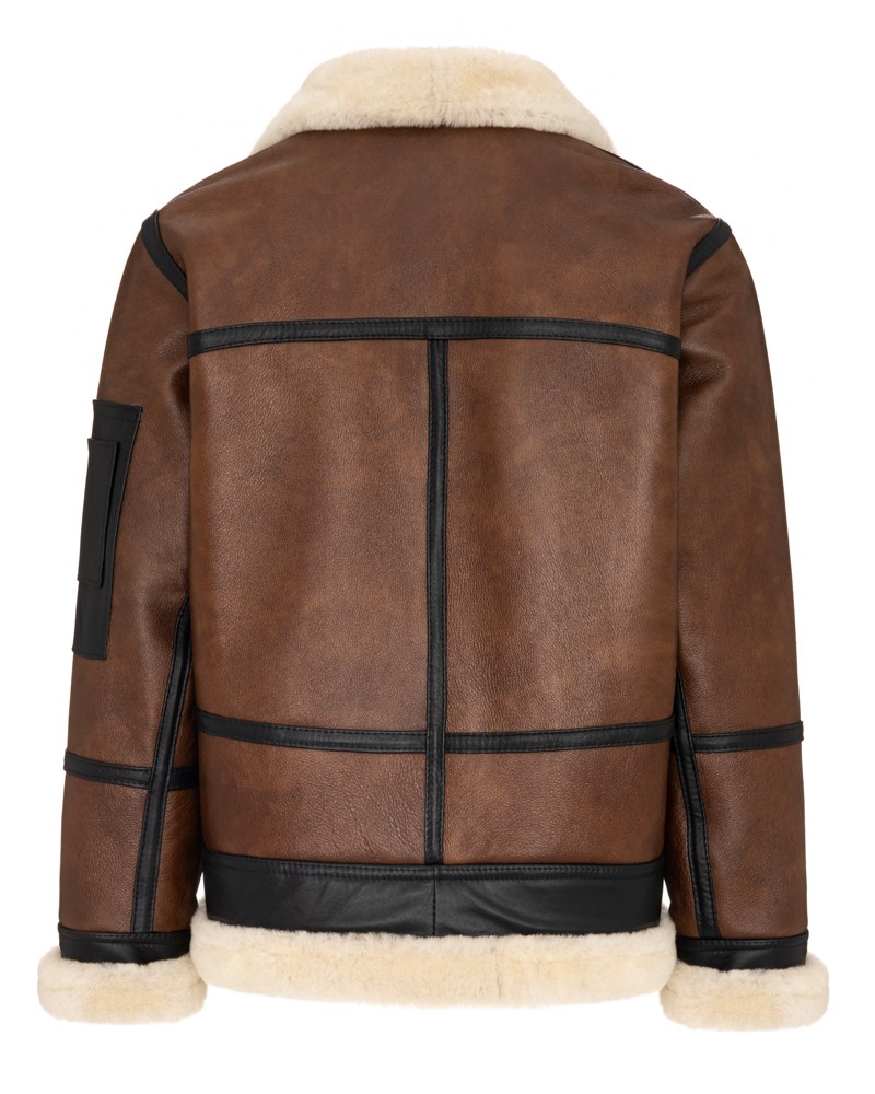 Kożuch męski w brązowym kolorze z czarnymi detalami i futrzanym kołnierzem, idealny na zimowe dni