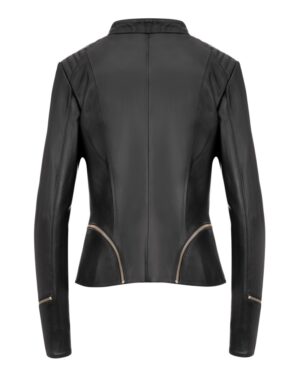 Damska ramoneska skórzana w kolorze czarnym, dopasowany krój, z ozdobnymi zamkami i kołnierzem