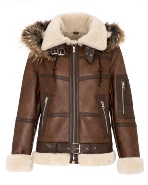 Kożuch damski w brązowym kolorze z futrzanym kapturem i paskiem w talii, idealny na zimowe dni