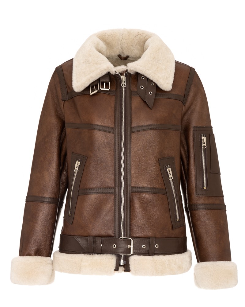 Kożuch damski w brązowym kolorze z futrzanym kołnierzem i paskiem w talii