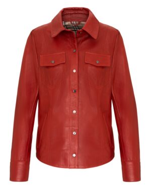 Kurtka skórzana damska w intensywnym czerwonym kolorze z kieszeniami i guzikiem przy kołnierzu