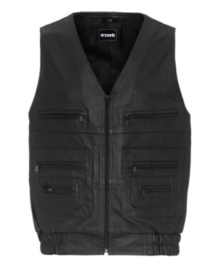 Kamizelka skórzana męska w kolorze czarnym z wieloma kieszeniami i elastycznym dołem