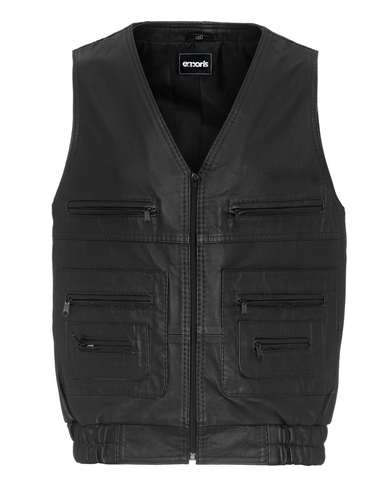 Kamizelka skórzana męska w kolorze czarnym z wieloma kieszeniami i elastycznym dołem