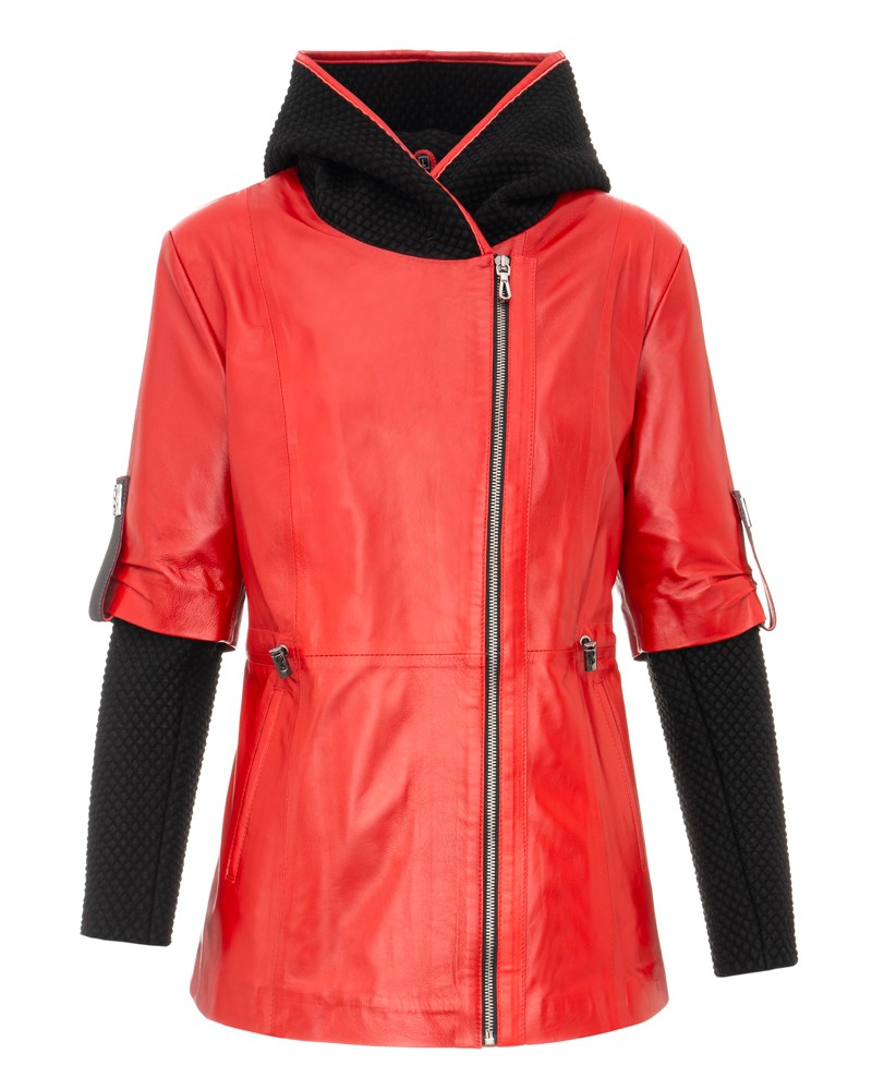 Kurtka skórzana damska w intensywnym czerwonym kolorze z czarnym kapturem i krótkimi rękawami