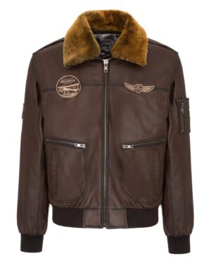 Pilotka skórzana w brązowym kolorze z futrzanym kołnierzem i kieszeniami zapinanymi na zamek