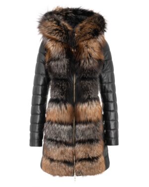 Płaszcz skórzany damski z odpinanym kapturem, w kolorze brązowym i czarnym, z zamkiem błyskawicznym i pikowanymi rękawami