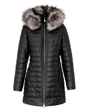 Płaszcz skórzany damski z odpinanym futrzanym kapturem i bocznymi kieszeniami