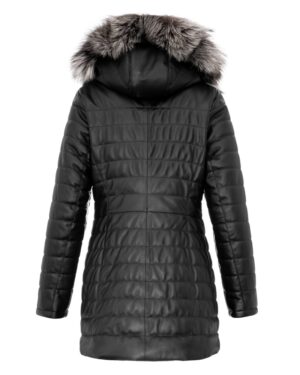 Płaszcz skórzany damski z kapturem i futrzanym wykończeniem, pikowana, idealna na zimowe dni