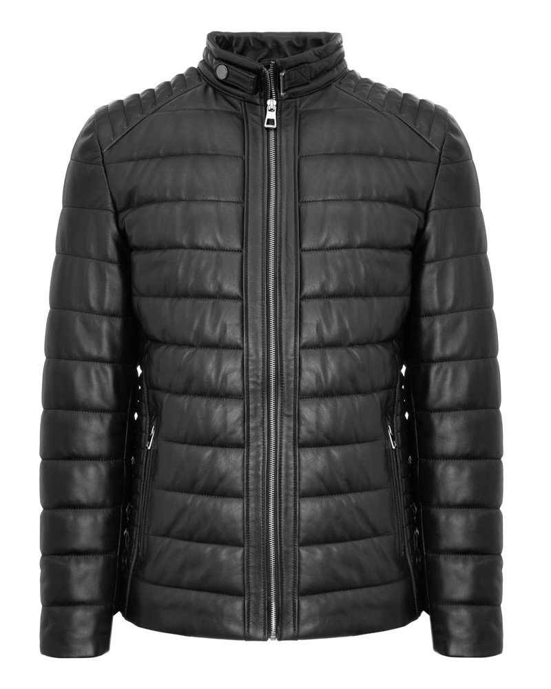 Czarna kurtka skórzana męska z pikowanym wzorem, z wysokim kołnierzem i zamkiem błyskawicznym z boku