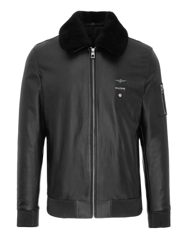 Kurtka lotnicza w kolorze czarnym z futrzanym kołnierzem i elastycznymi mankietami