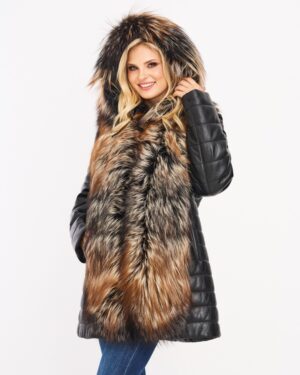 Płaszcz skórzany damski z naturalnym futrem, czarny, z kapturem i ozdobnym kołnierzem, idealny na zimowe dni