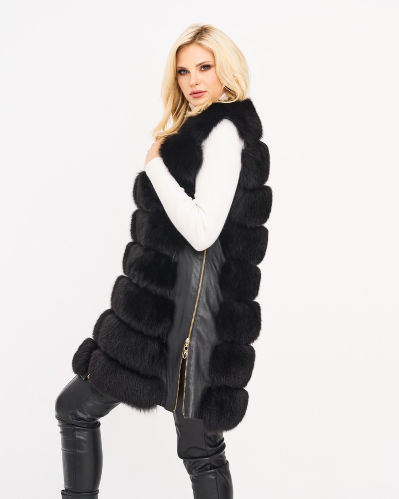 Kamizelka futrzana z futrem w kolorze czarnym, z zamkiem błyskawicznym i efektownym krojem