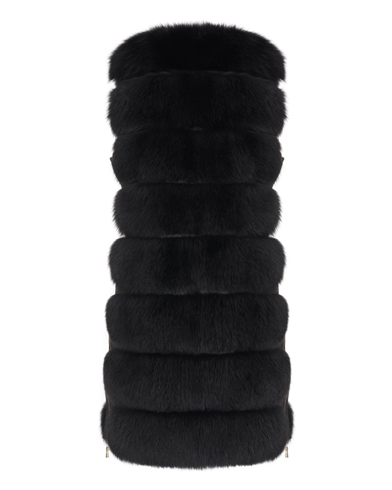 Kamizelka futrzana o luźnym kroju z efektownymi falbaniastymi detalami i zamkiem błyskawicznym z boku