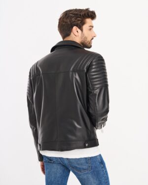 Czarna kurtka skórzana męska z pikowanymi rękawami i klasycznym kołnierzem