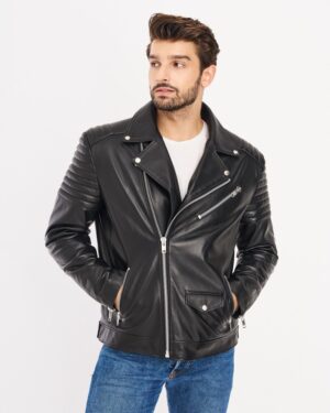Kurtka skórzana męska w kolorze czarnym, z zapięciem na zamek, kieszeniami i pikowanymi rękawami