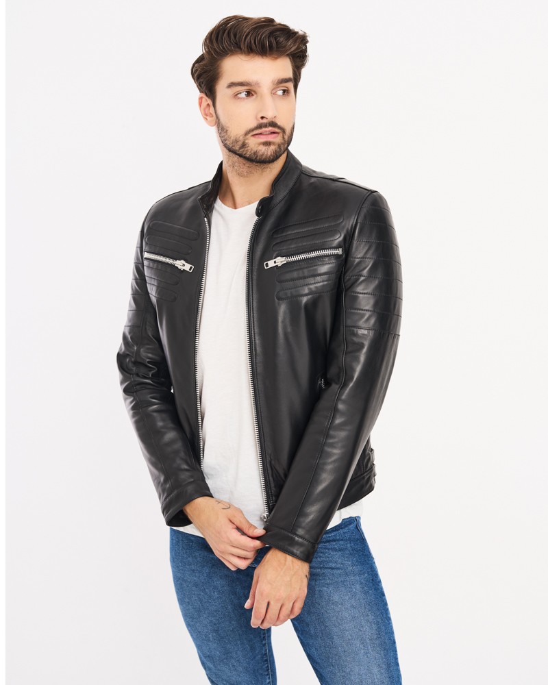Męska kurtka skórzana w kolorze czarnym, z zamkami i prostym krojem, idealna na chłodne dni