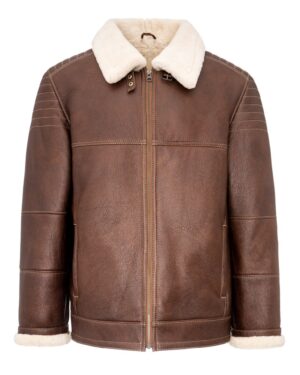 Kożuch męski w kolorze brązowym z futrzanym kołnierzem i zapięciem na zamek