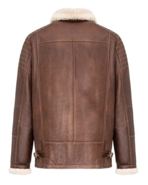 Kożuch męski w brązowym kolorze z futrzanym kołnierzem i wykończeniem przy rękawach