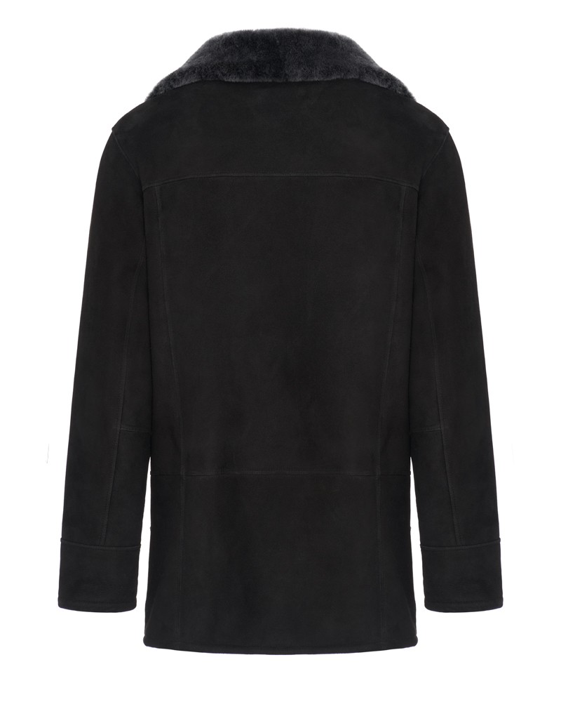 Czarny kożuch męski z miękkim kołnierzem, prosty krój, idealny na zimowe dni