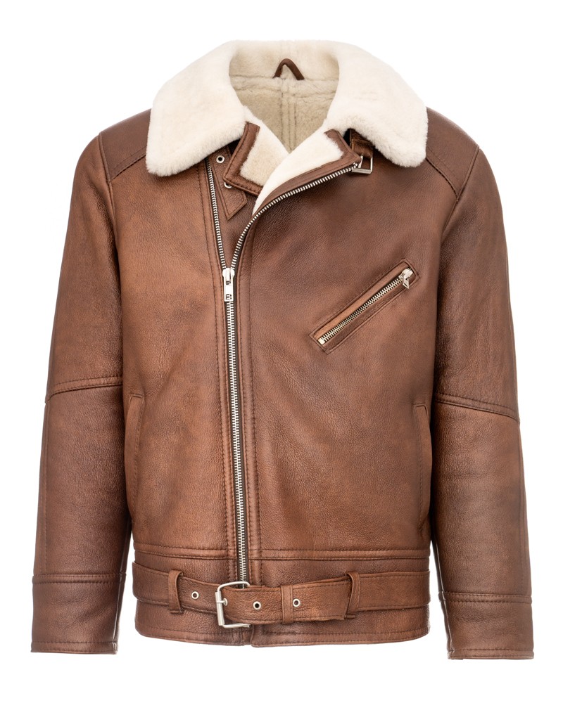 Kożuch męski w brązowym kolorze z futrzanym kołnierzem i paskiem w talii