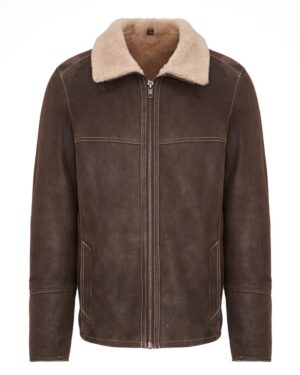 Kożuch męski w ciemnym brązie z kołnierzem z futra i zamkiem błyskawicznym na przodzie