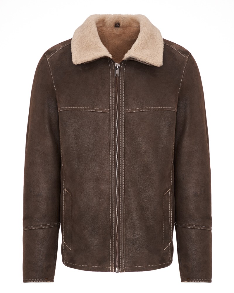 Kożuch męski w ciemnym brązie z kołnierzem z futra i zamkiem błyskawicznym na przodzie