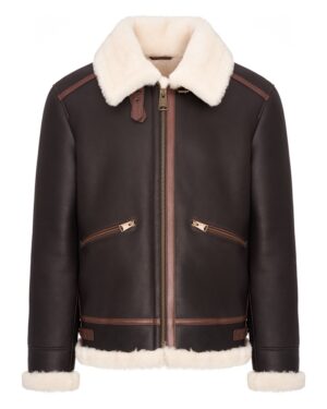 Kożuch męski w ciemnym kolorze z futrzanym kołnierzem i brązowymi detalami