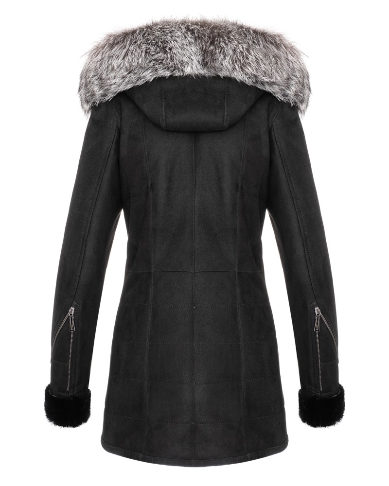 Czarny kożuch damski z kapturem, ozdobnym futrem, długimi rękawami i bocznymi zamkami błyskawicznymi