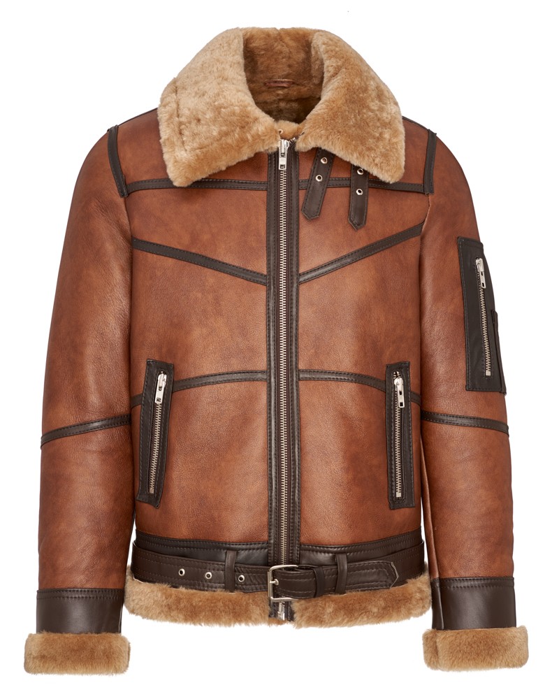 Kożuch męski w kolorze brązowym z futrzanym kołnierzem i paskiem w talii, z kieszeniami na suwak