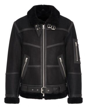 Kożuch męski w kolorze czarnym z futrzanym kołnierzem i paskiem w talii, z kieszeniami na suwak