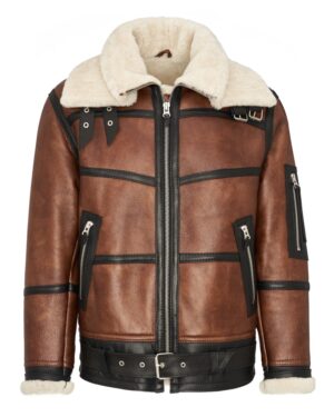 Kożuch męski w brązowym kolorze z futrzanym kołnierzem i paskiem w talii