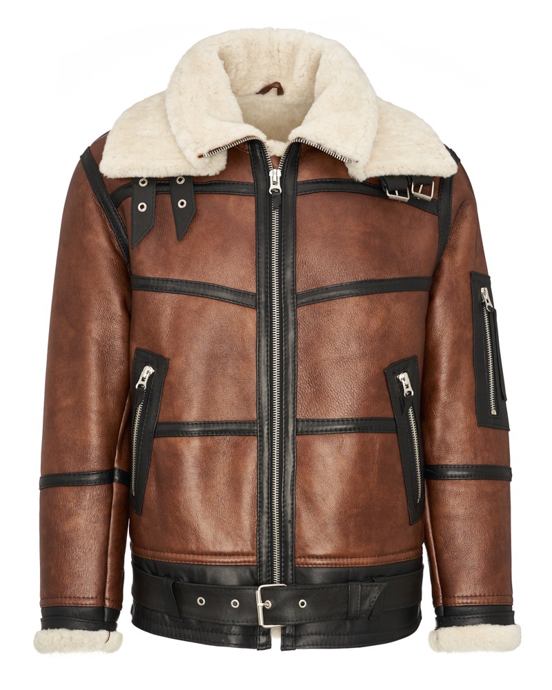 Kożuch męski w brązowym kolorze z futrzanym kołnierzem i paskiem w talii