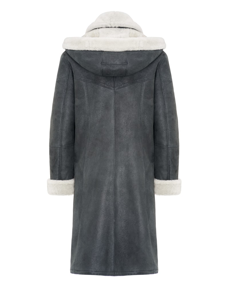 Ciepły kożuch damski w szarym kolorze z kapturem i białym futrzanym wykończeniem przy rękawach