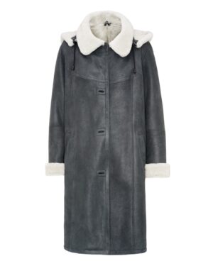 Kożuch damski w ciemnoszarym kolorze, z białym futrzanym kołnierzem i kapturkiem, prosty krój z guzikami