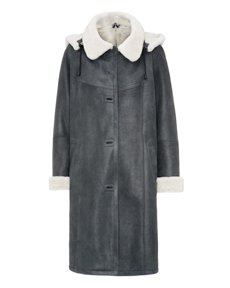 Kożuch damski w ciemnoszarym kolorze, z białym futrzanym kołnierzem i kapturkiem, prosty krój z guzikami