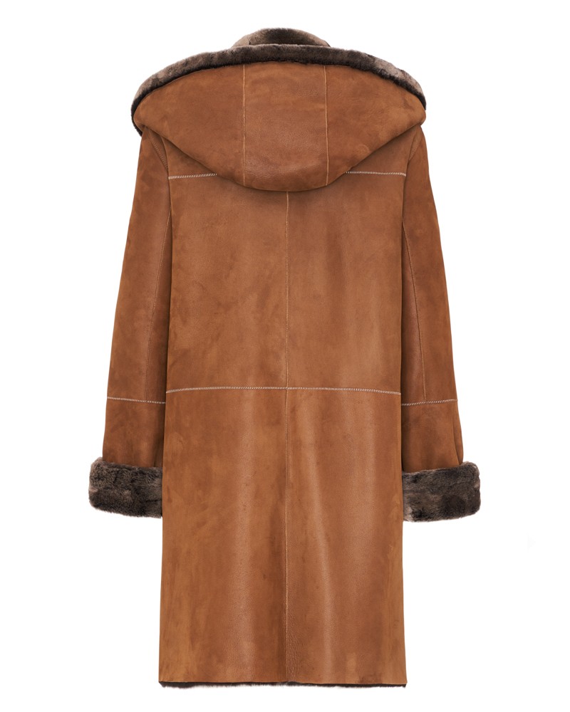 Kożuch damski w kolorze brązowym z kapturem i futrzanym wykończeniem rękawów