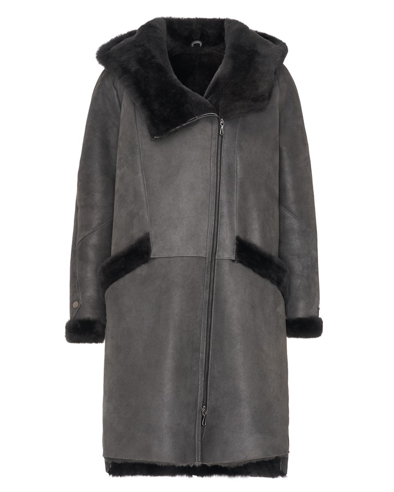 Kożuch damski w kolorze szarym z dużym futrzanym kołnierzem i zapięciem na zamek błyskawiczny