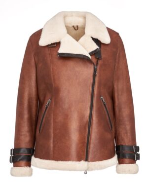 Kożuch damski w kolorze brązowym z futrzanym kołnierzem i czarnymi detalami na rękawach