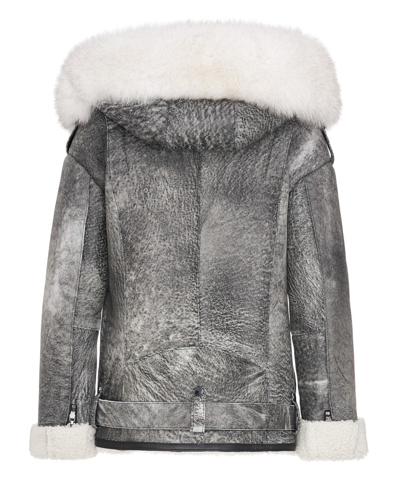 Kożuch damski w odcieniu szarości z futrzanym kołnierzem i mankietami, z kapturem i zamkiem błyskawicznym