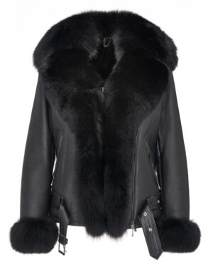 Kożuch damski w kolorze czarnym z futrzanym kołnierzem i mankietami, zapinana na zamek